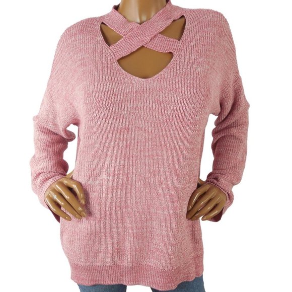 ANA Sweater L Casual Hi/Low Hem Red Heather X-Neck Oversized Fit Long Sleeves - Picture 2 of 13